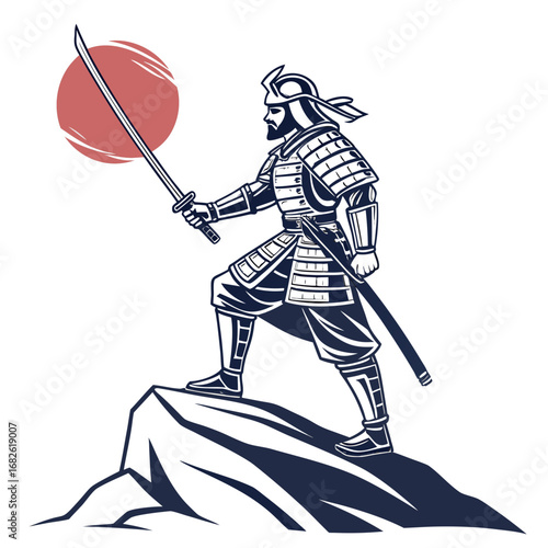 Brave Japanese samurai warrior in traditional armor standing on a mountain peak with a katana sword, a powerful vector illustration