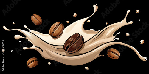 A dramatic close-up of roasted coffee beans swirling in mid-air with splashes of fresh milk, forming a dynamic vortex. The background is deep black, emphasizing the contrast between the dark coffee be