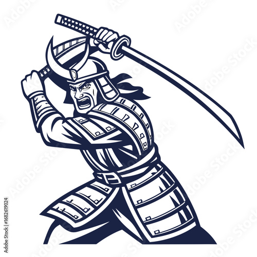 Powerful Samurai Warrior in Action Vector Illustration