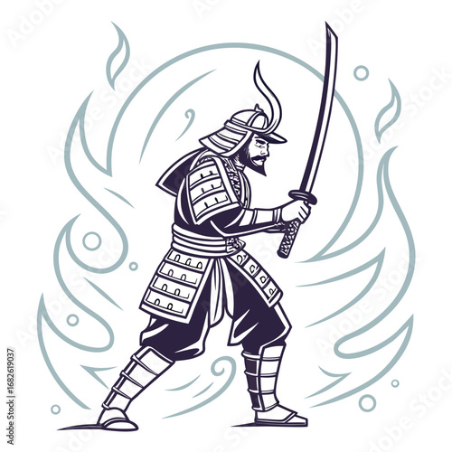 Brave Japanese samurai warrior in full traditional armor holding a katana sword, depicted in a dynamic combat stance with mystical swirls