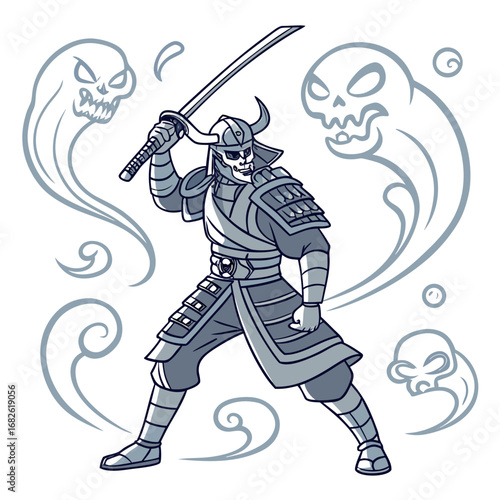 A fearsome Samurai warrior stands ready for battle, surrounded by mystical spirits and shrouded in an aura of power