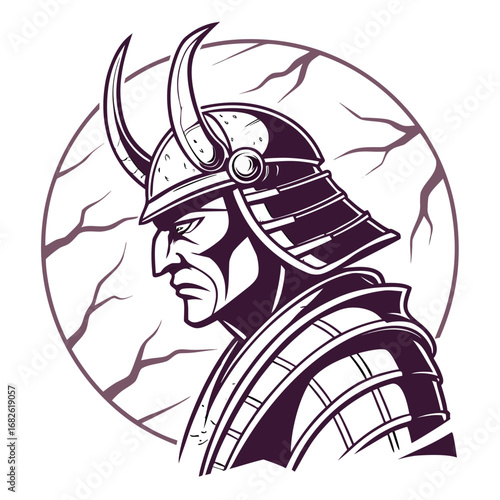 A proud Japanese samurai man in a horned helmet, a striking vector line art illustration representing honor and martial tradition