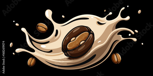 A dramatic close-up of roasted coffee beans swirling in mid-air with splashes of fresh milk, forming a dynamic vortex. The background is deep black, emphasizing the contrast between the dark coffee be