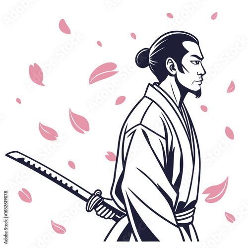 Vector illustration of a Japanese samurai warrior with a katana sword standing amongst falling cherry blossom petals