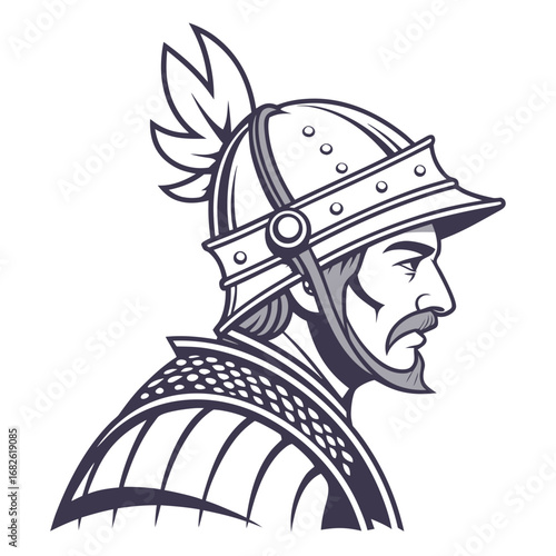 Vintage vector illustration of a brave Spanish conquistador man in profile, a historical warrior in battle armor