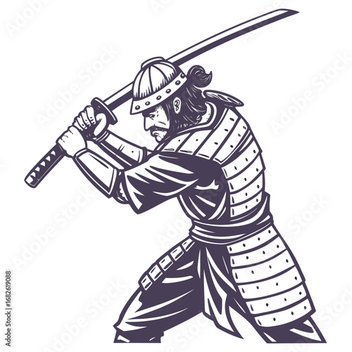 Monochrome vector illustration of a traditional Japanese samurai warrior in full armor, wielding a long katana sword in a combat stance