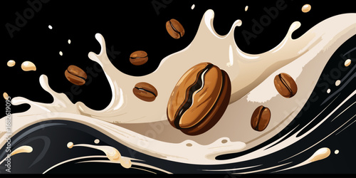 A dramatic close-up of roasted coffee beans swirling in mid-air with splashes of fresh milk, forming a dynamic vortex. The background is deep black, emphasizing the contrast between the dark coffee be
