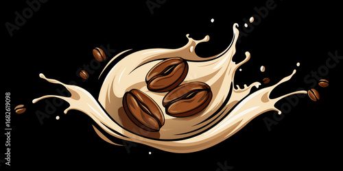 A dramatic close-up of roasted coffee beans swirling in mid-air with splashes of fresh milk, forming a dynamic vortex. The background is deep black, emphasizing the contrast between the dark coffee be