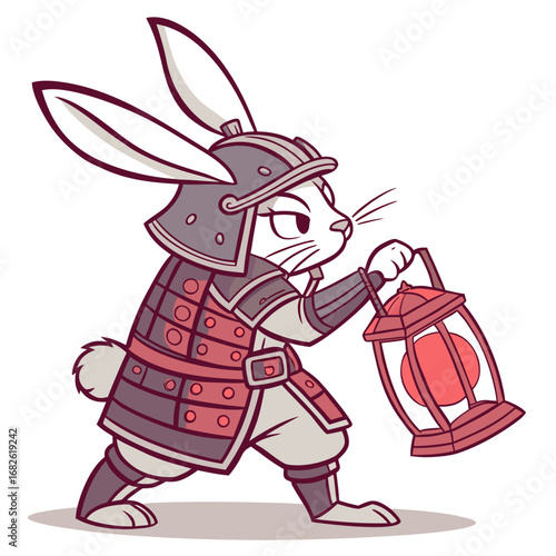 Brave bunny warrior in ancient Japanese samurai armor holding a glowing red lantern. Cute vector fantasy animal character