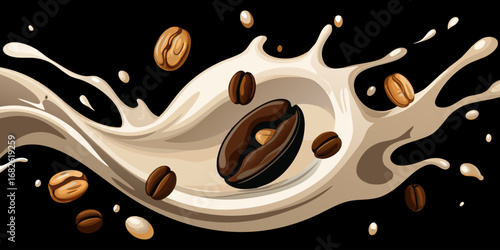 A dramatic close-up of roasted coffee beans swirling in mid-air with splashes of fresh milk, forming a dynamic vortex. The background is deep black, emphasizing the contrast between the dark coffee be