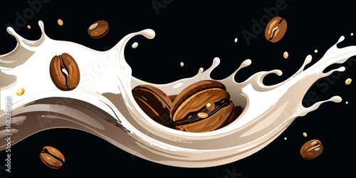 A dramatic close-up of roasted coffee beans swirling in mid-air with splashes of fresh milk, forming a dynamic vortex. The background is deep black, emphasizing the contrast between the dark coffee be