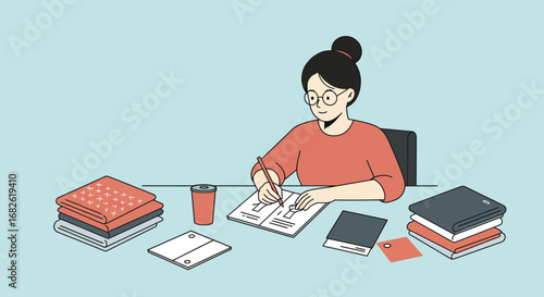 Woman with Glasses Writing in Notebook at Desk.