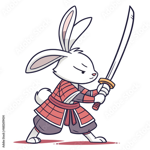 Courageous cartoon rabbit warrior illustration, poised in traditional samurai attire, ready for action with a sharp katana sword