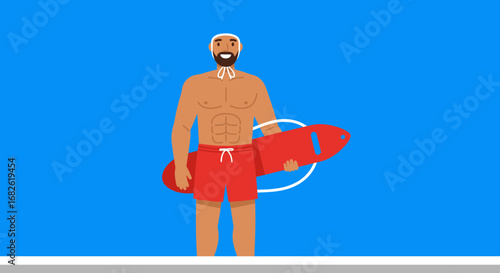Cartoon Lifeguard Holding Rescue Can and Ready to Help.