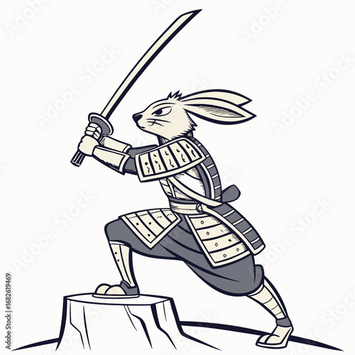 Fierce rabbit samurai warrior in a dynamic combat pose with a katana sword, a powerful anthropomorphic animal character in armor standing on a stump, isolated vector illustration