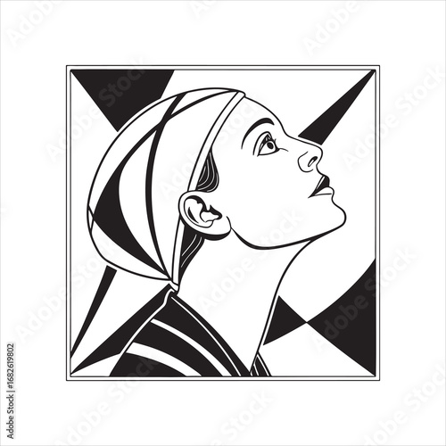 Cubist woman portrait line art – modern abstract geometric female face design black and white vector.