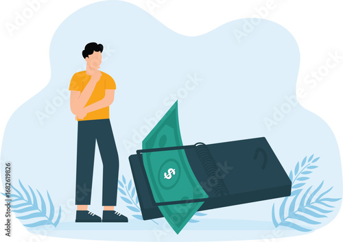 Businessman looking at trap with money and incentive trap, Business loan and debt and money trap and finance problem concept,
