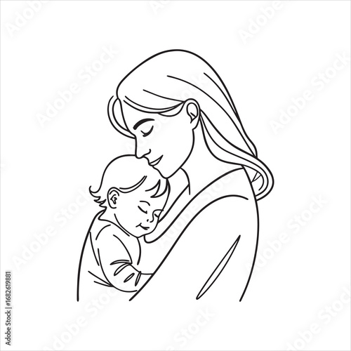 Mother embracing child line art – maternal love, comfort, family care and nurturing vector illustration.
