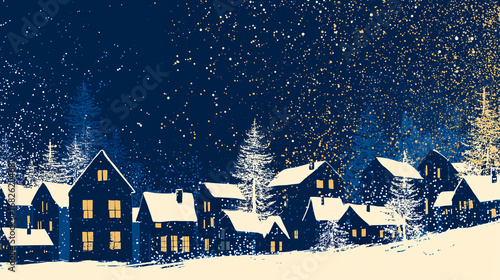 Charming Christmas card template, small snow-covered village houses with warm glowing windows, pine trees, falling snow, clear sky background with negative space for greeting