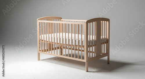 Modern oval wooden baby crib with natural wood accents and white mattress