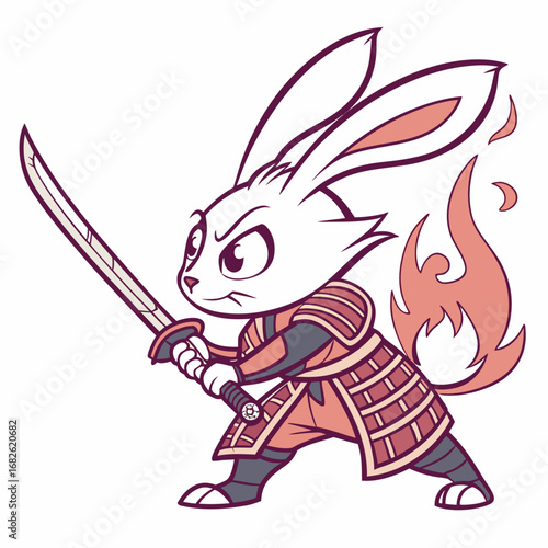 Dynamic vector illustration of a fierce white rabbit warrior dressed as a samurai with a glowing mystical fire tail and holding a katana