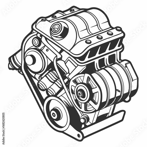 Detailed Illustration of an Internal Combustion Engine in Black and White