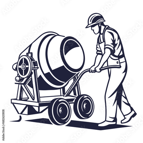 Construction Worker Pushing Cement Mixer Vintage Illustration