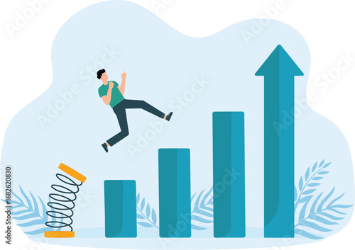 Businessman jumping from springboard and back to top, Growing bar graph and stock market rise and highest point concept,

