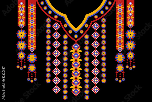 Colorful, long floral pattern, vintage Indian retro style, hand-drawn art set, isolated icon on white background.