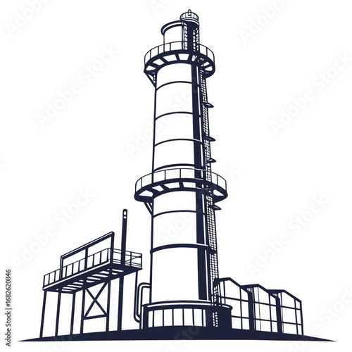 Striking industrial factory tower structure silhouette vector illustration depicting a manufacturing or production facility design concept for modern development