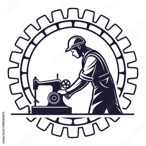 Industrial emblem of a factory worker at a sewing machine, a vector silhouette logo for textile manufacturing framed by a gear