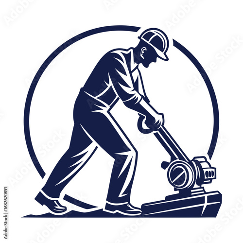 Monochrome circular insignia of a skilled laborer with a floor polisher, professional maintenance and restoration service badge