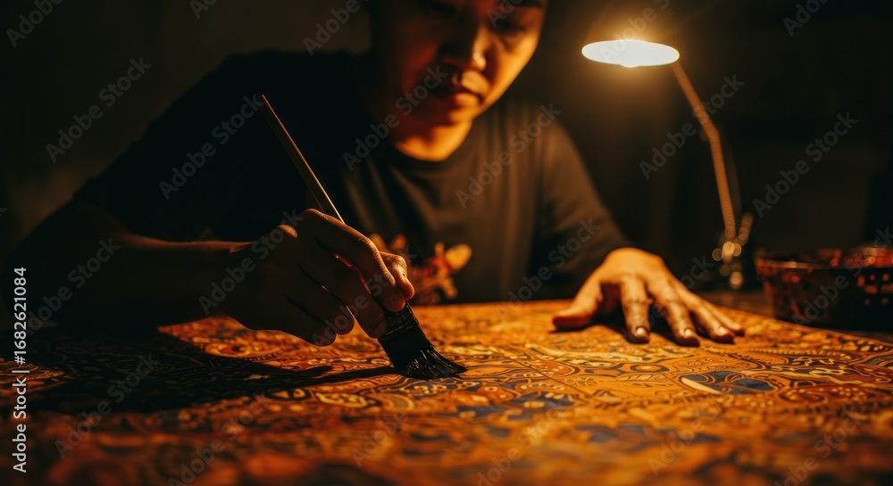 Obraz premium A person, illuminated by a desk lamp, carefully applies paint with a brush onto a detailed pattern on a table. The lighting is warm