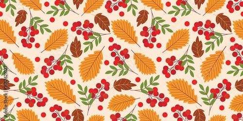 Warm background with acorn leaves and ripe rowan berries. Colorful cozy autumn seamless pattern. Seasonal fall botanical nature print, vector graphic