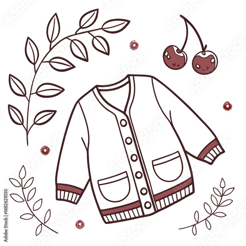 Simple and cute outline illustration of a cozy cardigan sweater surrounded by plant branches and smiling cherries, vector graphic