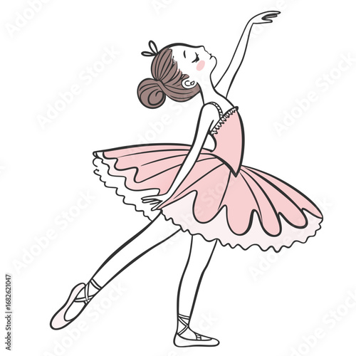 A simple cartoon illustration of a graceful young ballerina in a pink tutu dancing, isolated vector character art