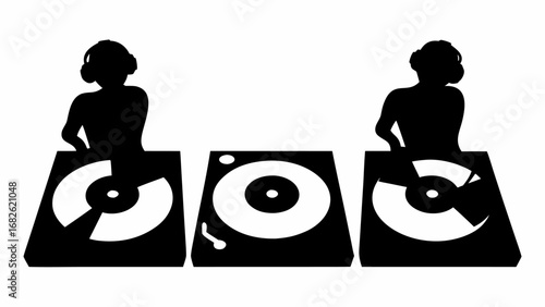 Silhouette of two djs with headphones and turntables in a black and white minimalist illustration | editable eps vectors