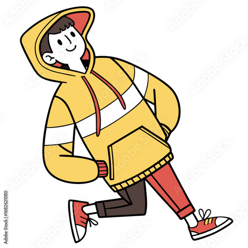 Simple vector illustration of a happy young man in a yellow hoodie walking cheerfully