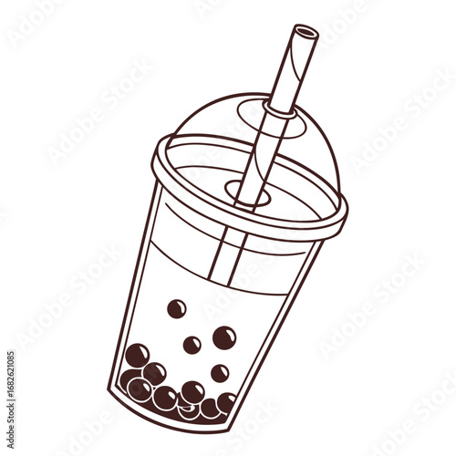 Minimalist black outline drawing of a delicious bubble tea in a clear cup with a straw and tapioca pearls, a popular sweet beverage icon
