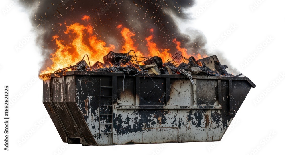 Obraz premium Intense dumpster fire with billowing smoke casting a grim spectacle of urban decay