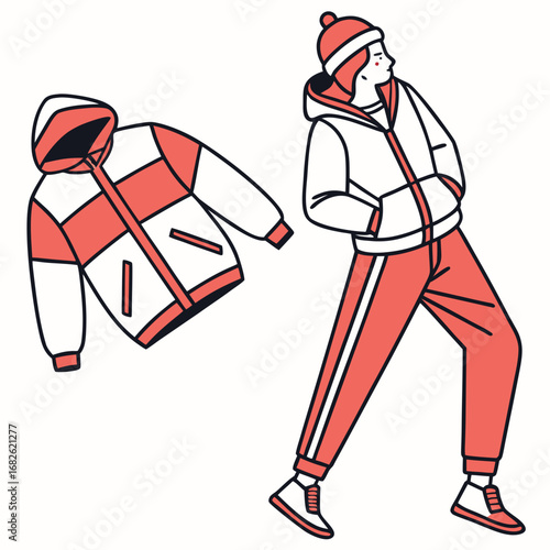 Simple cartoon illustration of a person in a trendy winter outfit. Vector line art of a character wearing a puffer jacket, beanie, and track pants
