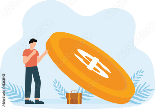 Businessman saves a small amount under a large sum of money, bad business impact, economic support, financial problems 
