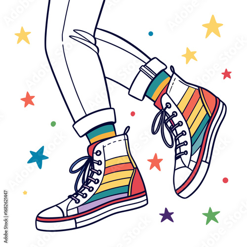 Hand-drawn vector illustration of legs wearing colorful rainbow high-top sneakers and rolled-up jeans, surrounded by stars on a clean background