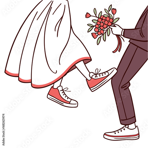 A joyful illustration capturing a bride and groom stepping in unison, celebrating their union with a vibrant bouquet, symbolizing love and commitment