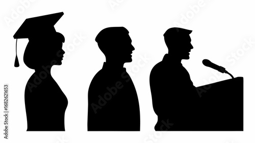 Silhouette of graduation ceremony with graduate, student and speaker at podium with microphone shown | editable eps vectors