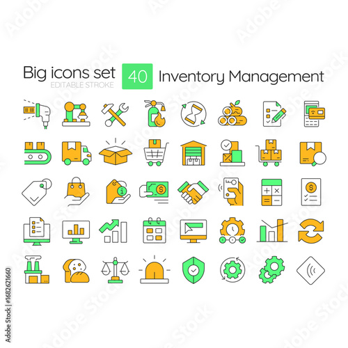Inventory management line color icons set. Organization supplies efficient usage system. Storage and processing. Vector illustrations. Simple flat colorful symbols collection. Editable stroke
