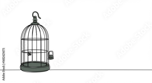 Elegant one-line drawing of a vintage birdcage, perfect for minimalistic designs and creative projects