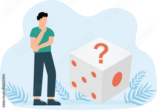 Businessman standing and thinking about question, throwing dice, question marks
