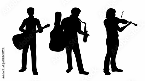 Silhouette of three musicians playing guitar saxophone and violin in a musical performance setting together | editable eps vectors