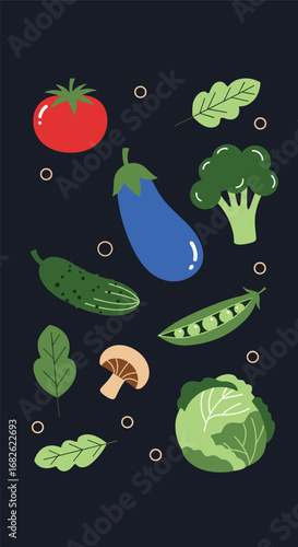 A colorful assortment of fresh vegetables and leafy greens arranged artistically on a dark background